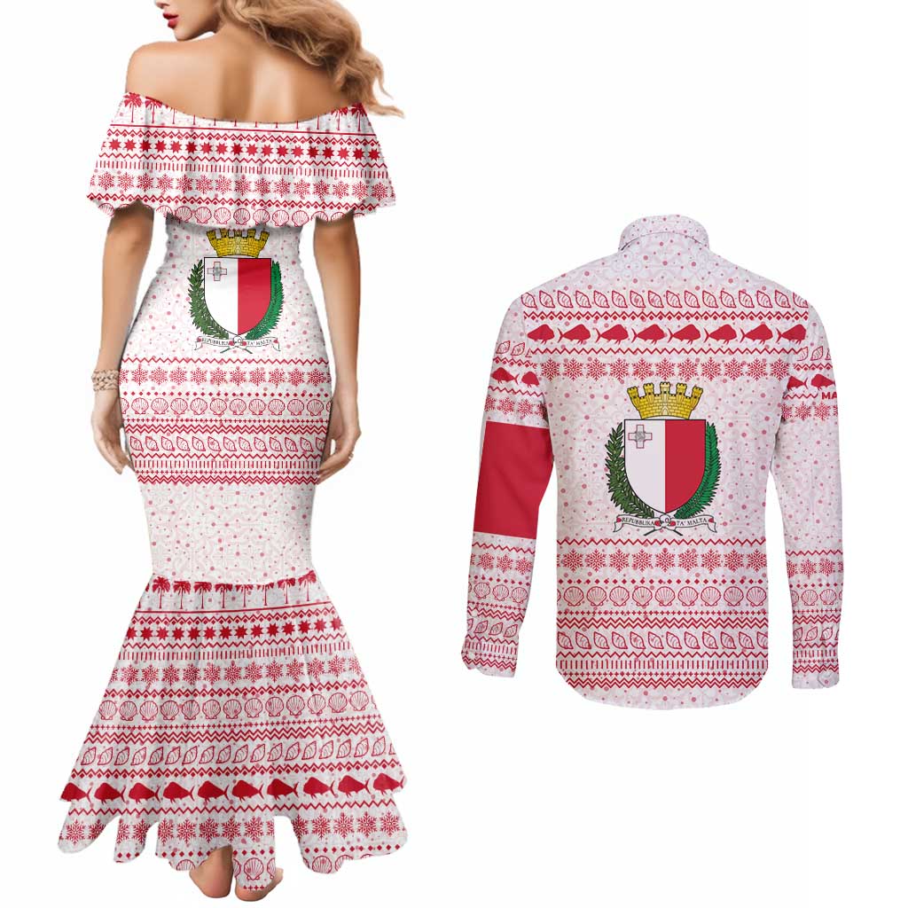 Malta Christmas Couples Matching Mermaid Dress and Long Sleeve Button Shirt with Santa Driving Vintage Bus Malta Flag and Red White Festive Pattern Design - Wonder Print Shop
