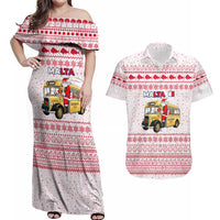 Malta Christmas Couples Matching Off Shoulder Maxi Dress and Hawaiian Shirt with Santa Driving Vintage Bus Malta Flag and Red White Festive Pattern Design - Wonder Print Shop