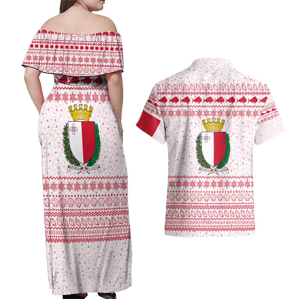 Malta Christmas Couples Matching Off Shoulder Maxi Dress and Hawaiian Shirt with Santa Driving Vintage Bus Malta Flag and Red White Festive Pattern Design - Wonder Print Shop