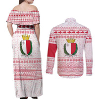 Malta Christmas Couples Matching Off Shoulder Maxi Dress and Long Sleeve Button Shirt with Santa Driving Vintage Bus Malta Flag and Red White Festive Pattern Design - Wonder Print Shop