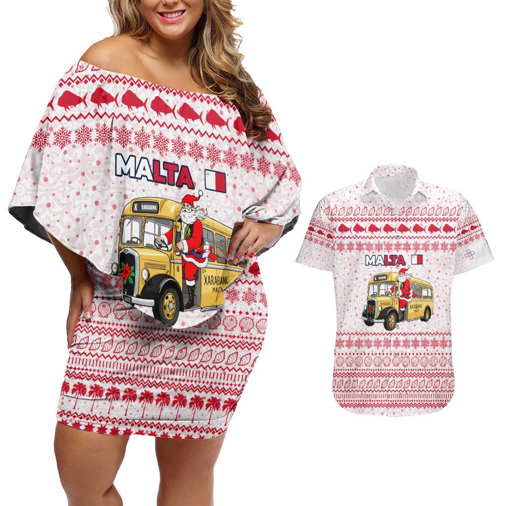 Malta Christmas Couples Matching Off Shoulder Short Dress and Hawaiian Shirt with Santa Driving Vintage Bus Malta Flag and Red White Festive Pattern Design - Wonder Print Shop