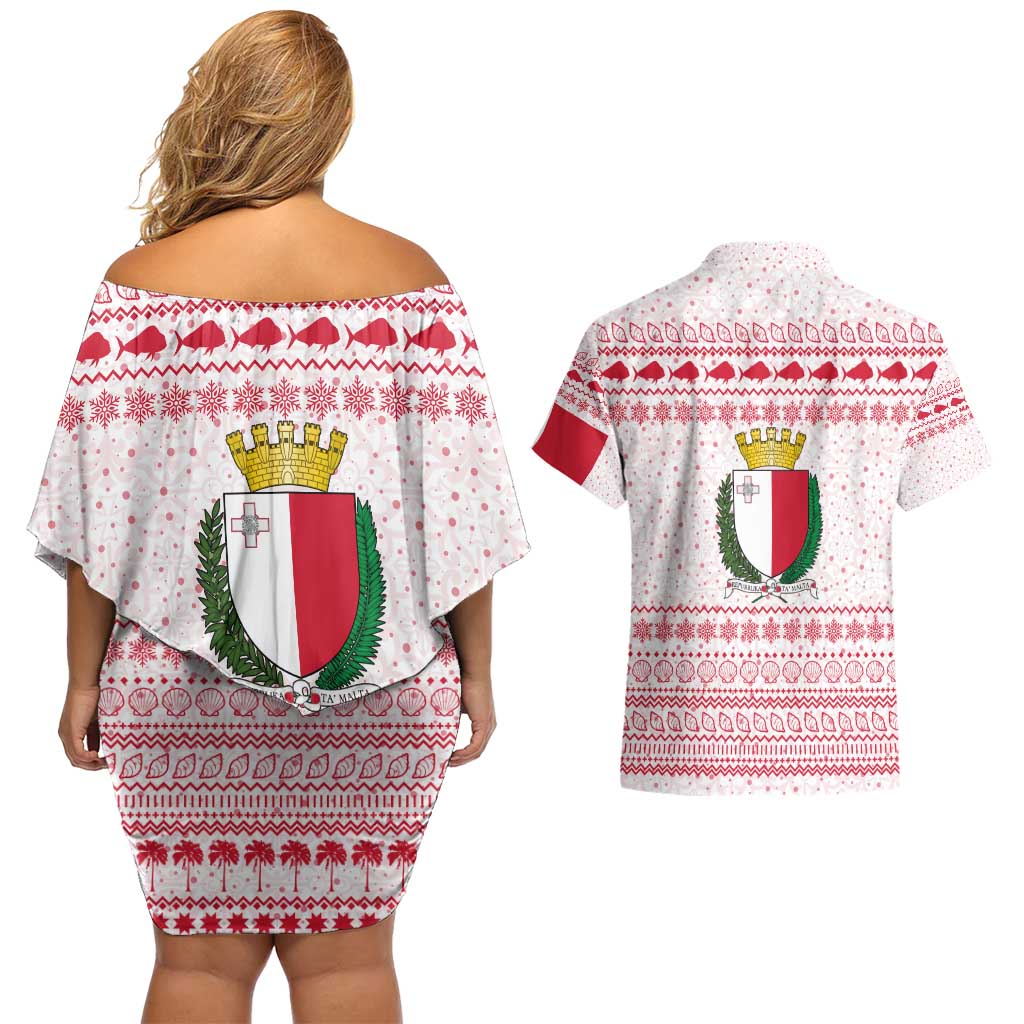 Malta Christmas Couples Matching Off Shoulder Short Dress and Hawaiian Shirt with Santa Driving Vintage Bus Malta Flag and Red White Festive Pattern Design - Wonder Print Shop