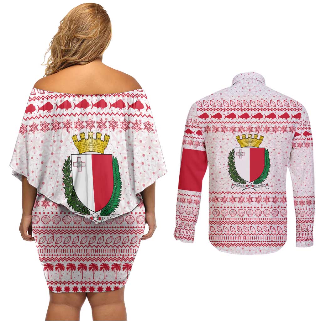 Malta Christmas Couples Matching Off Shoulder Short Dress and Long Sleeve Button Shirt with Santa Driving Vintage Bus Malta Flag and Red White Festive Pattern Design - Wonder Print Shop