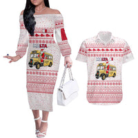 Malta Christmas Couples Matching Off The Shoulder Long Sleeve Dress and Hawaiian Shirt with Santa Driving Vintage Bus Malta Flag and Red White Festive Pattern Design - Wonder Print Shop