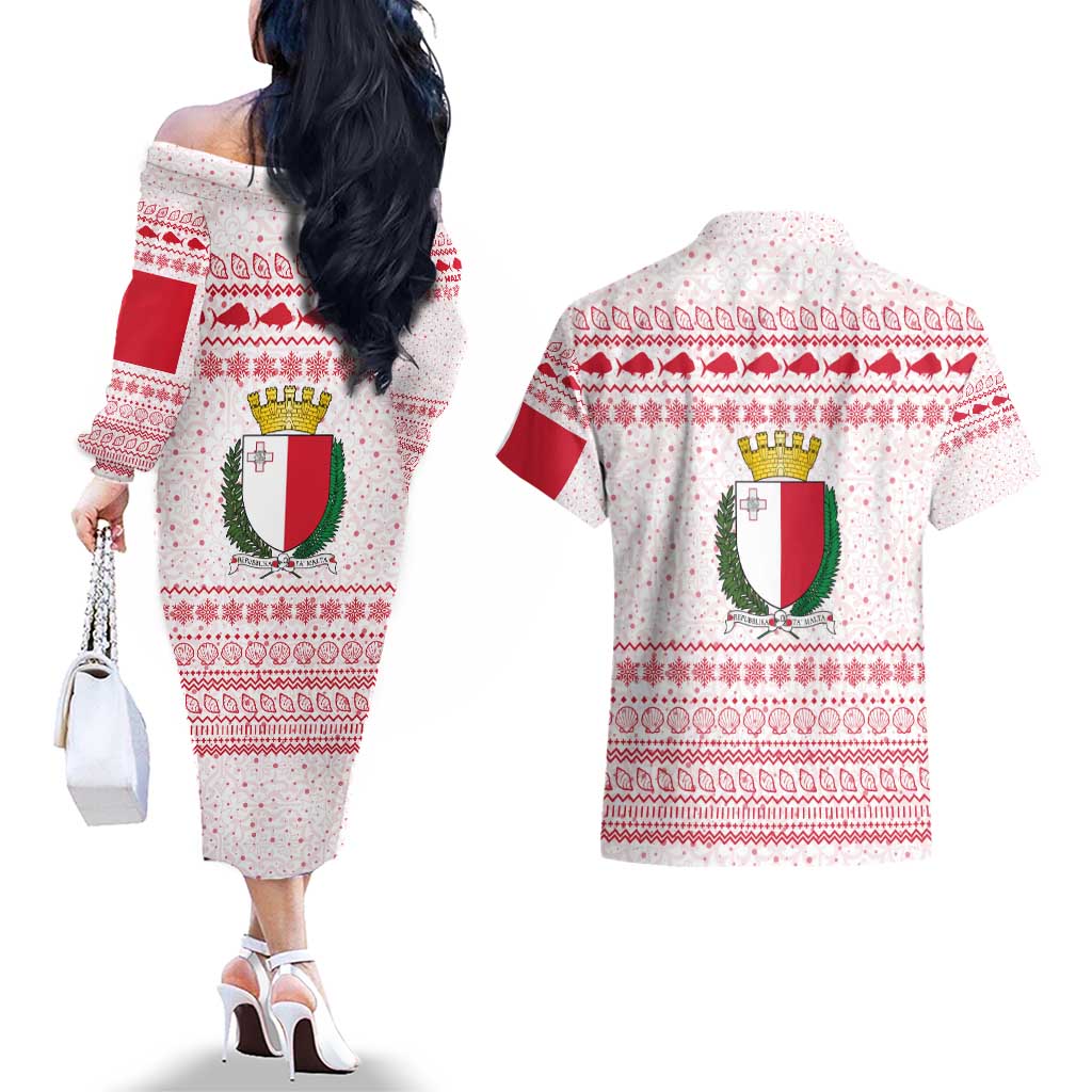 Malta Christmas Couples Matching Off The Shoulder Long Sleeve Dress and Hawaiian Shirt with Santa Driving Vintage Bus Malta Flag and Red White Festive Pattern Design - Wonder Print Shop