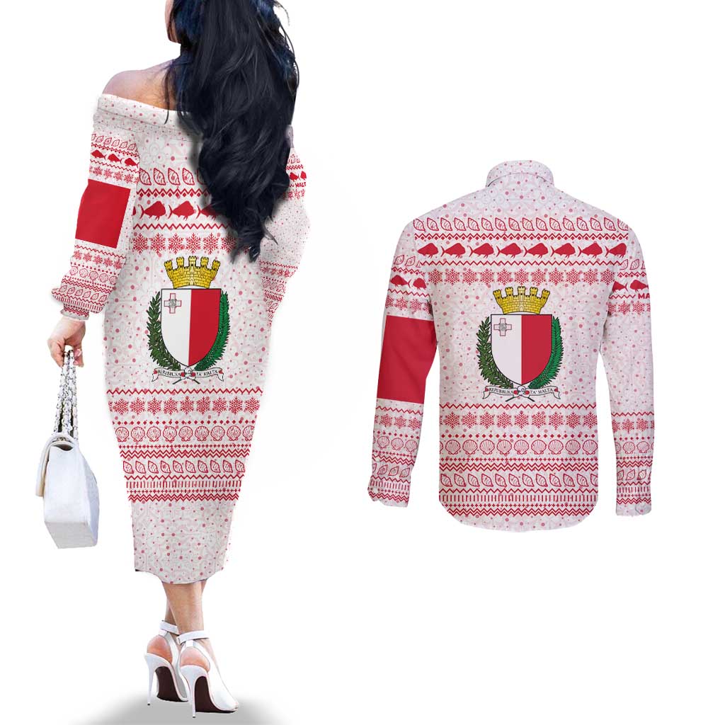 Malta Christmas Couples Matching Off The Shoulder Long Sleeve Dress and Long Sleeve Button Shirt with Santa Driving Vintage Bus Malta Flag and Red White Festive Pattern Design - Wonder Print Shop