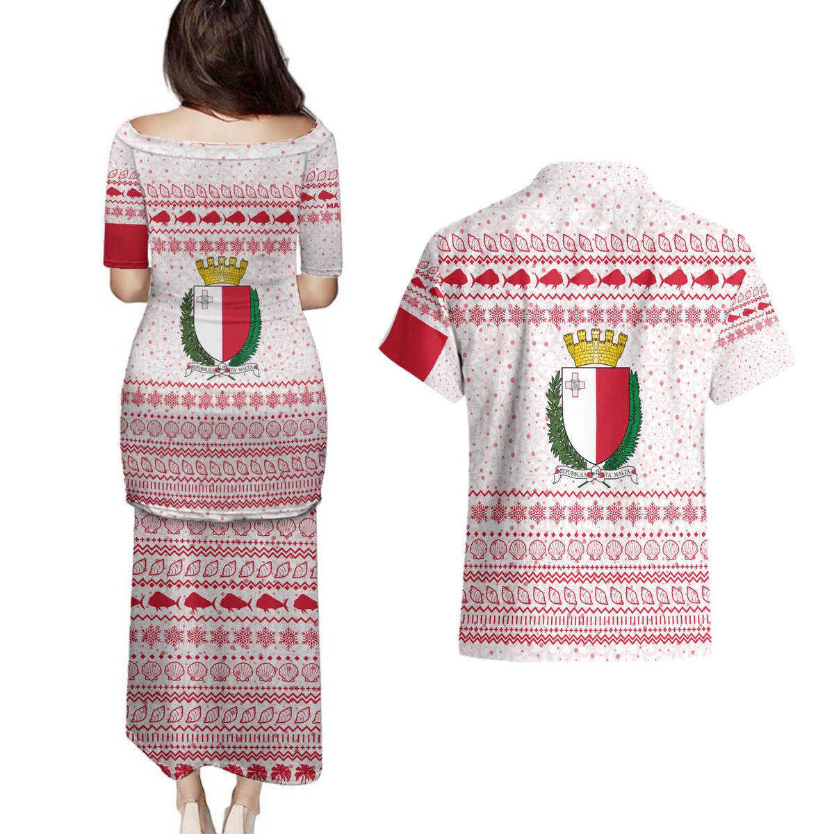 Malta Christmas Couples Matching Puletasi and Hawaiian Shirt with Santa Driving Vintage Bus Malta Flag and Red White Festive Pattern Design - Wonder Print Shop