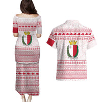 Malta Christmas Couples Matching Puletasi and Hawaiian Shirt with Santa Driving Vintage Bus Malta Flag and Red White Festive Pattern Design - Wonder Print Shop