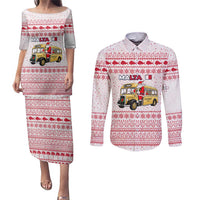 Malta Christmas Couples Matching Puletasi and Long Sleeve Button Shirt with Santa Driving Vintage Bus Malta Flag and Red White Festive Pattern Design - Wonder Print Shop