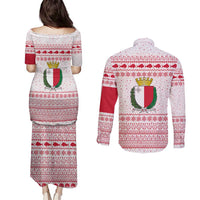 Malta Christmas Couples Matching Puletasi and Long Sleeve Button Shirt with Santa Driving Vintage Bus Malta Flag and Red White Festive Pattern Design - Wonder Print Shop