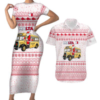Malta Christmas Couples Matching Short Sleeve Bodycon Dress and Hawaiian Shirt with Santa Driving Vintage Bus Malta Flag and Red White Festive Pattern Design - Wonder Print Shop