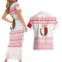 Malta Christmas Couples Matching Short Sleeve Bodycon Dress and Hawaiian Shirt with Santa Driving Vintage Bus Malta Flag and Red White Festive Pattern Design - Wonder Print Shop