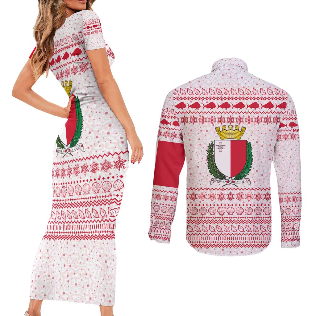 Malta Christmas Couples Matching Short Sleeve Bodycon Dress and Long Sleeve Button Shirt with Santa Driving Vintage Bus Malta Flag and Red White Festive Pattern Design - Wonder Print Shop