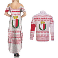 Malta Christmas Couples Matching Summer Maxi Dress and Long Sleeve Button Shirt with Santa Driving Vintage Bus Malta Flag and Red White Festive Pattern Design - Wonder Print Shop