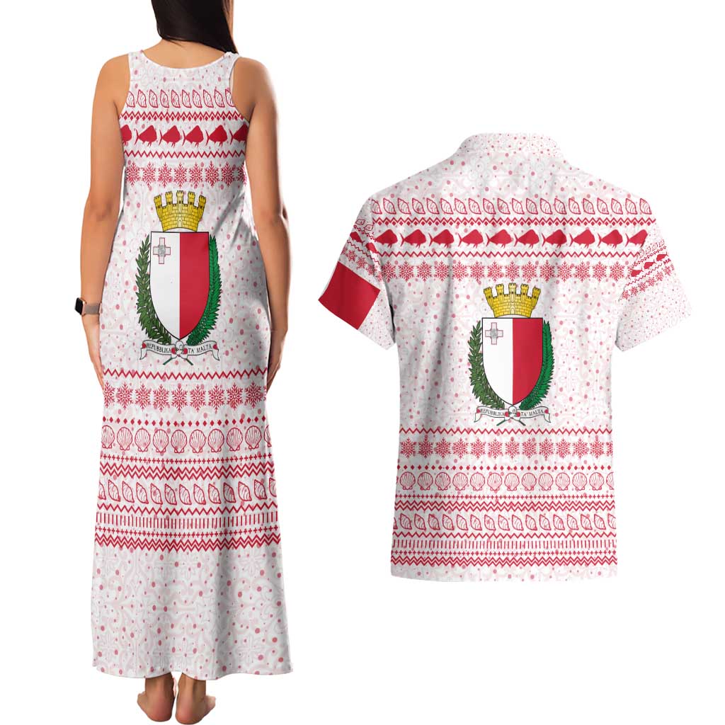Malta Christmas Couples Matching Tank Maxi Dress and Hawaiian Shirt with Santa Driving Vintage Bus Malta Flag and Red White Festive Pattern Design - Wonder Print Shop