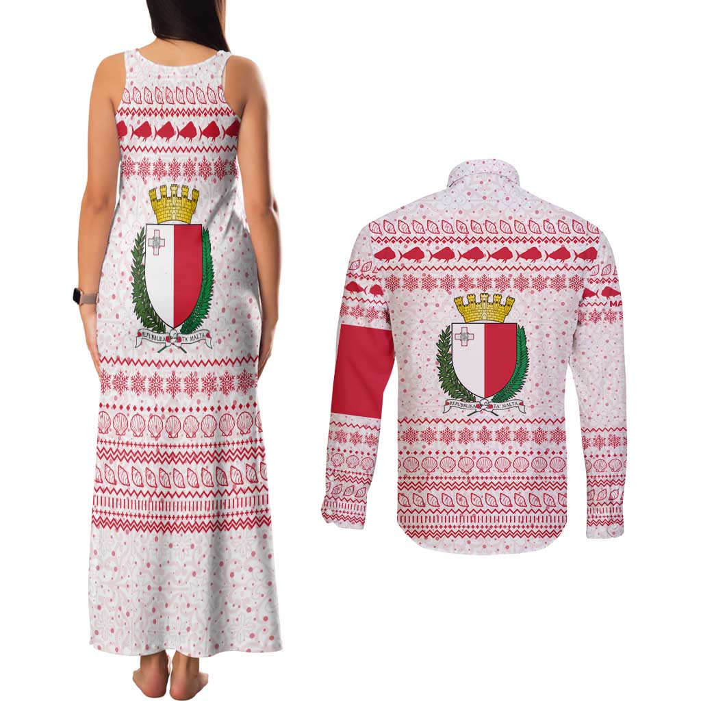 Malta Christmas Couples Matching Tank Maxi Dress and Long Sleeve Button Shirt with Santa Driving Vintage Bus Malta Flag and Red White Festive Pattern Design - Wonder Print Shop