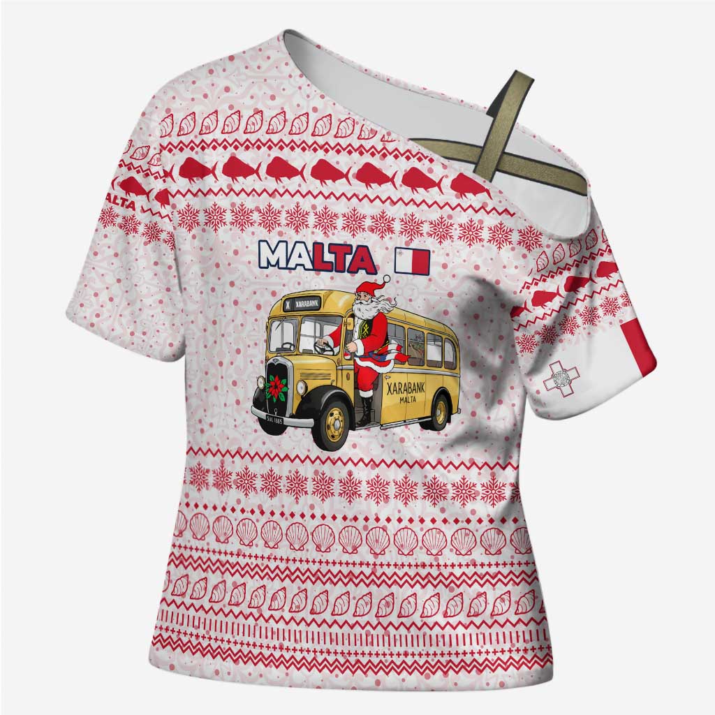 Malta Christmas Cross Shoulder Shirt with Santa Driving Vintage Bus Malta Flag and Red White Festive Pattern Design - Wonder Print Shop