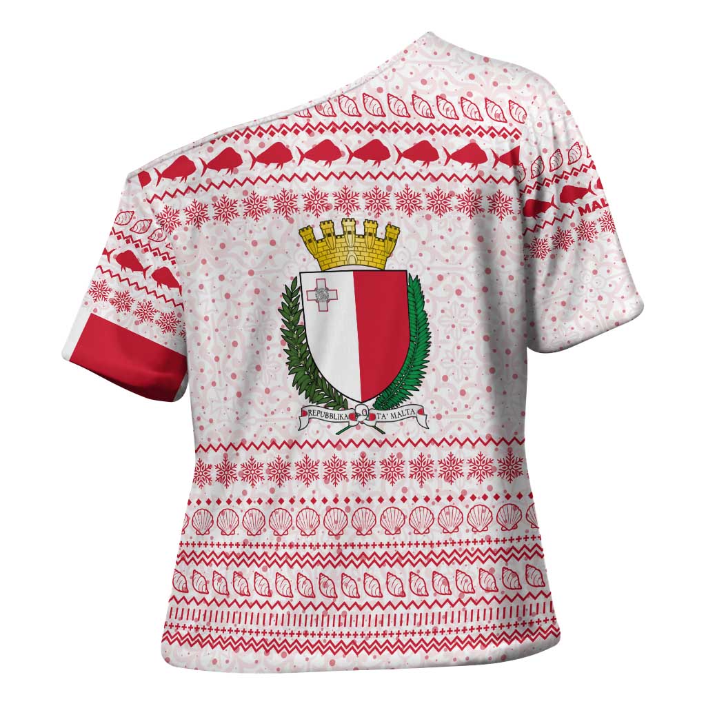 Malta Christmas Cross Shoulder Shirt with Santa Driving Vintage Bus Malta Flag and Red White Festive Pattern Design - Wonder Print Shop