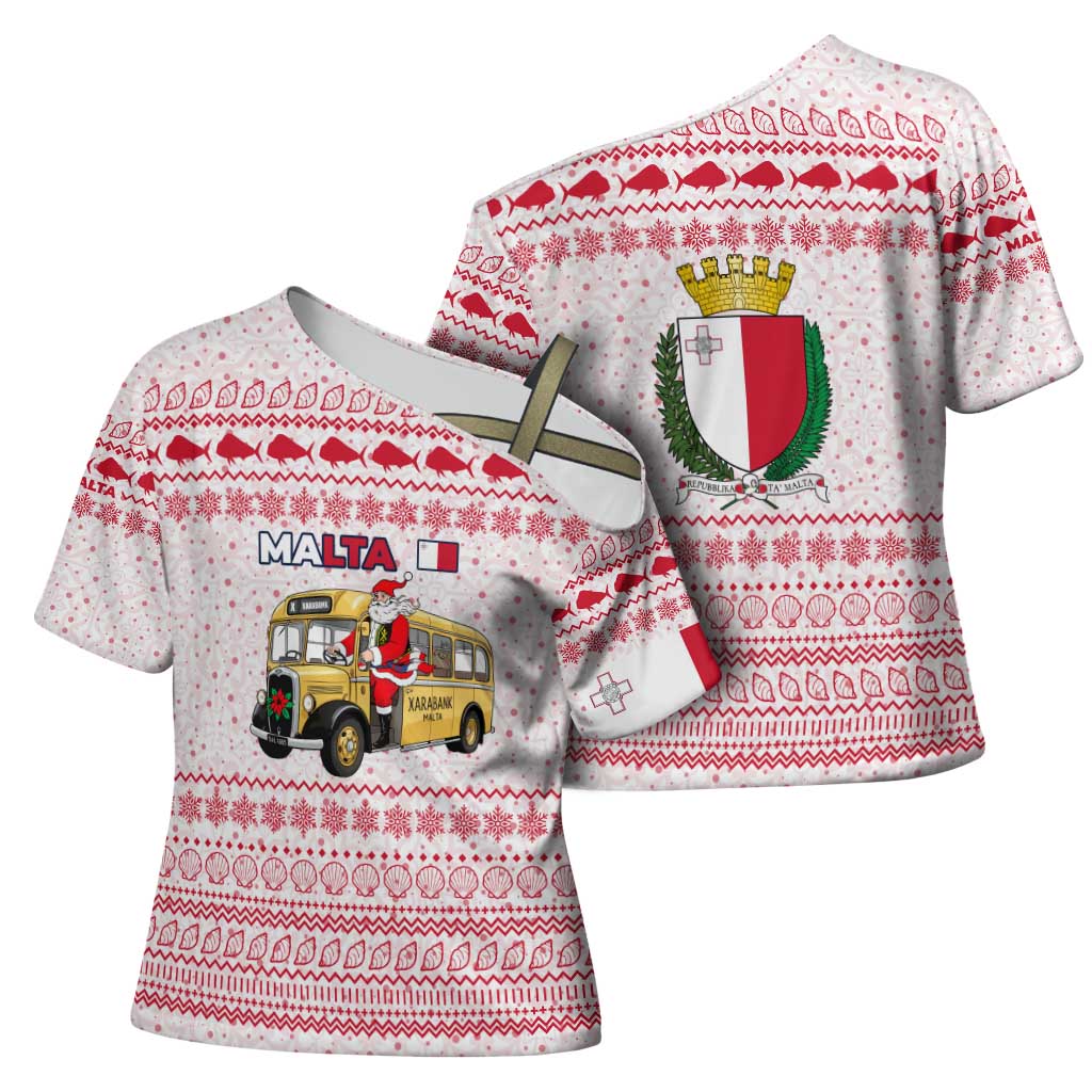 Malta Christmas Cross Shoulder Shirt with Santa Driving Vintage Bus Malta Flag and Red White Festive Pattern Design - Wonder Print Shop