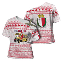 Malta Christmas Cross Shoulder Shirt with Santa Driving Vintage Bus Malta Flag and Red White Festive Pattern Design - Wonder Print Shop