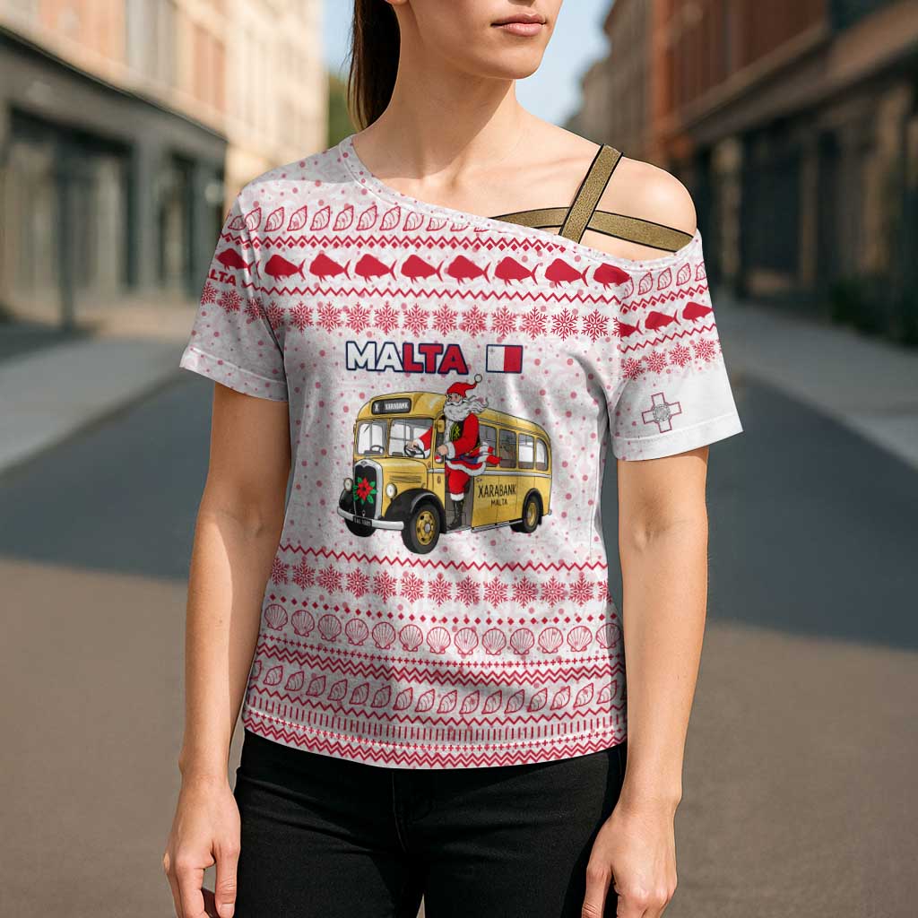 Malta Christmas Cross Shoulder Shirt with Santa Driving Vintage Bus Malta Flag and Red White Festive Pattern Design - Wonder Print Shop