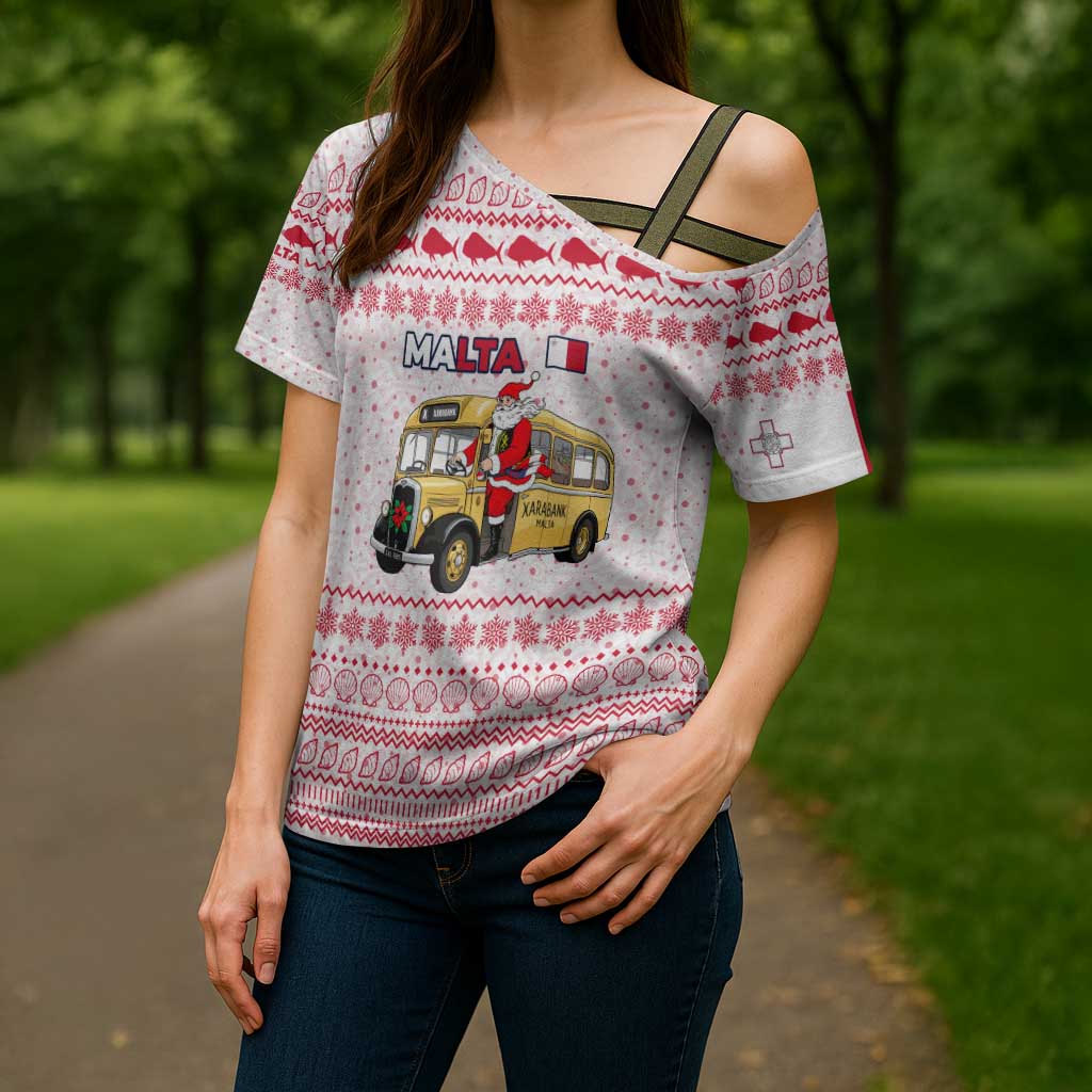 Malta Christmas Cross Shoulder Shirt with Santa Driving Vintage Bus Malta Flag and Red White Festive Pattern Design - Wonder Print Shop