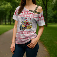 Malta Christmas Cross Shoulder Shirt with Santa Driving Vintage Bus Malta Flag and Red White Festive Pattern Design - Wonder Print Shop