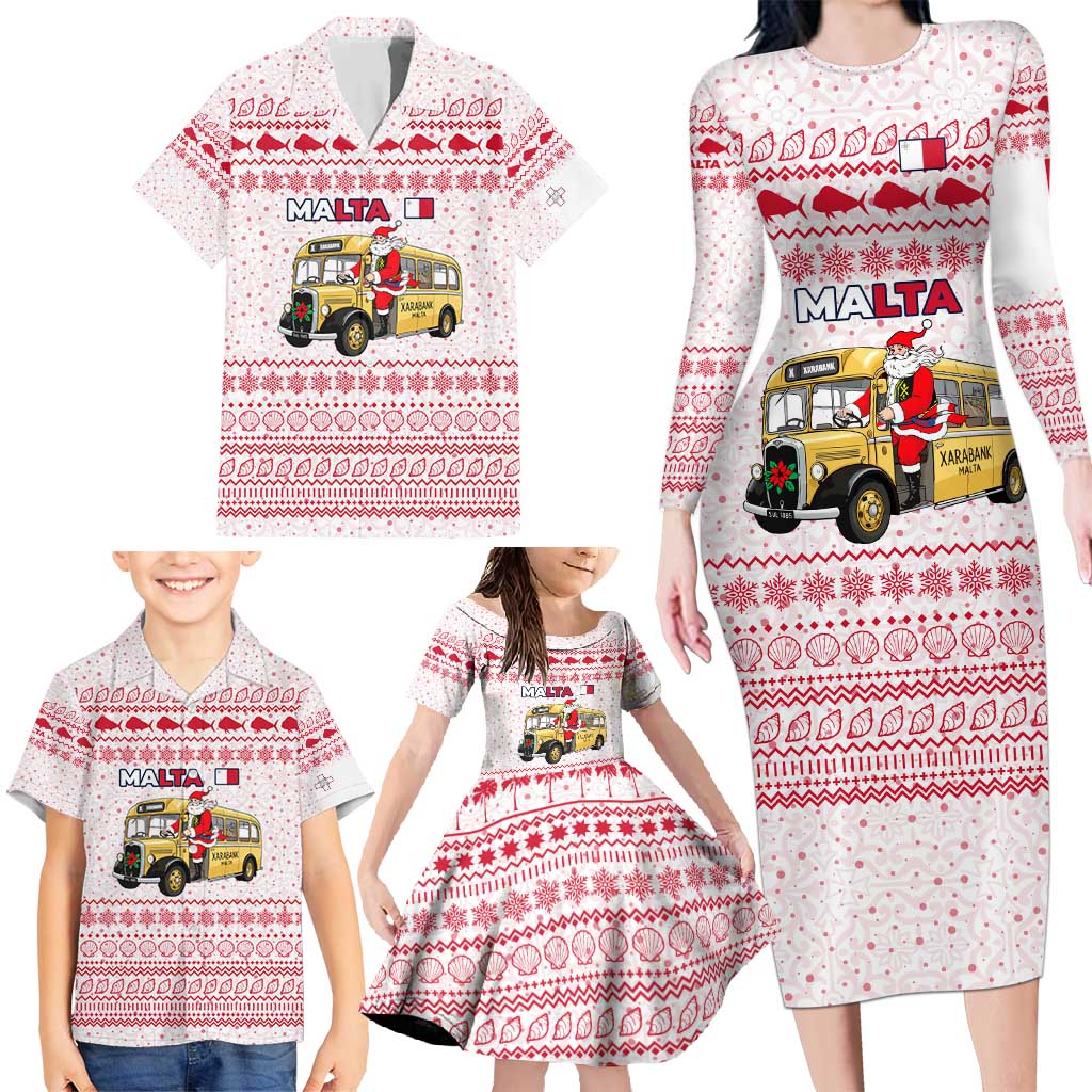 Malta Christmas Family Matching Long Sleeve Bodycon Dress and Hawaiian Shirt with Santa Driving Vintage Bus Malta Flag and Red White Festive Pattern Design - Wonder Print Shop