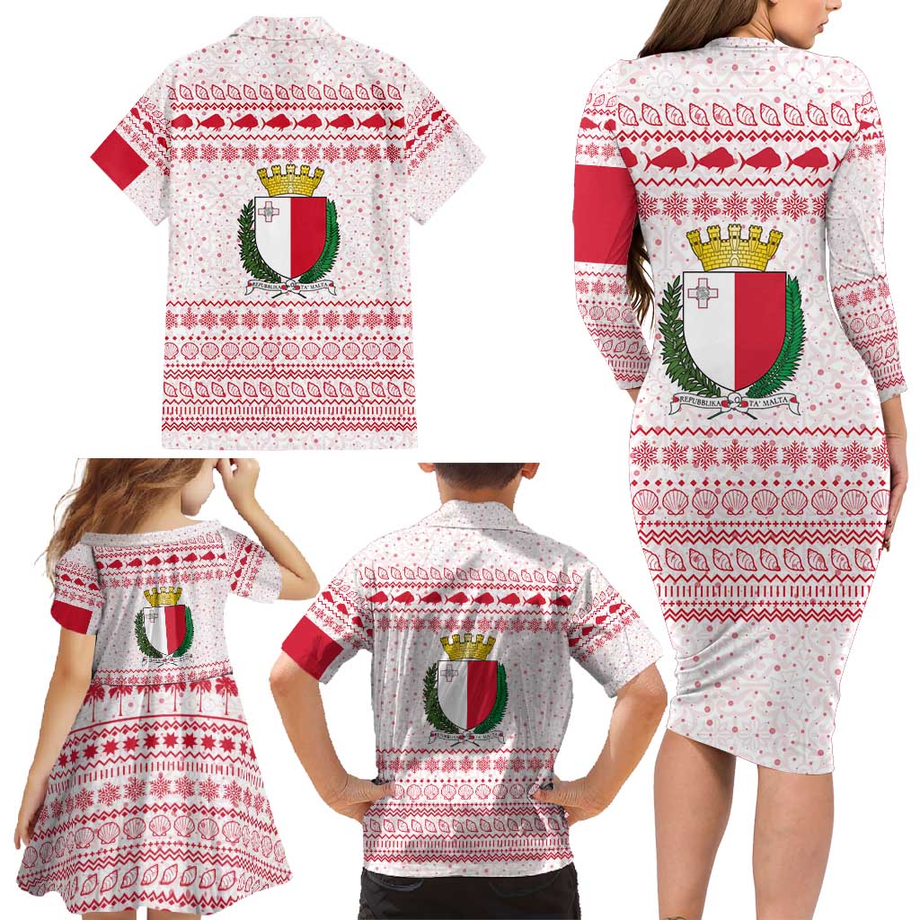 Malta Christmas Family Matching Long Sleeve Bodycon Dress and Hawaiian Shirt with Santa Driving Vintage Bus Malta Flag and Red White Festive Pattern Design - Wonder Print Shop