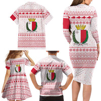 Malta Christmas Family Matching Long Sleeve Bodycon Dress and Hawaiian Shirt with Santa Driving Vintage Bus Malta Flag and Red White Festive Pattern Design - Wonder Print Shop