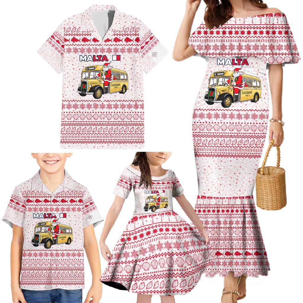 Malta Christmas Family Matching Mermaid Dress and Hawaiian Shirt with Santa Driving Vintage Bus Malta Flag and Red White Festive Pattern Design - Wonder Print Shop