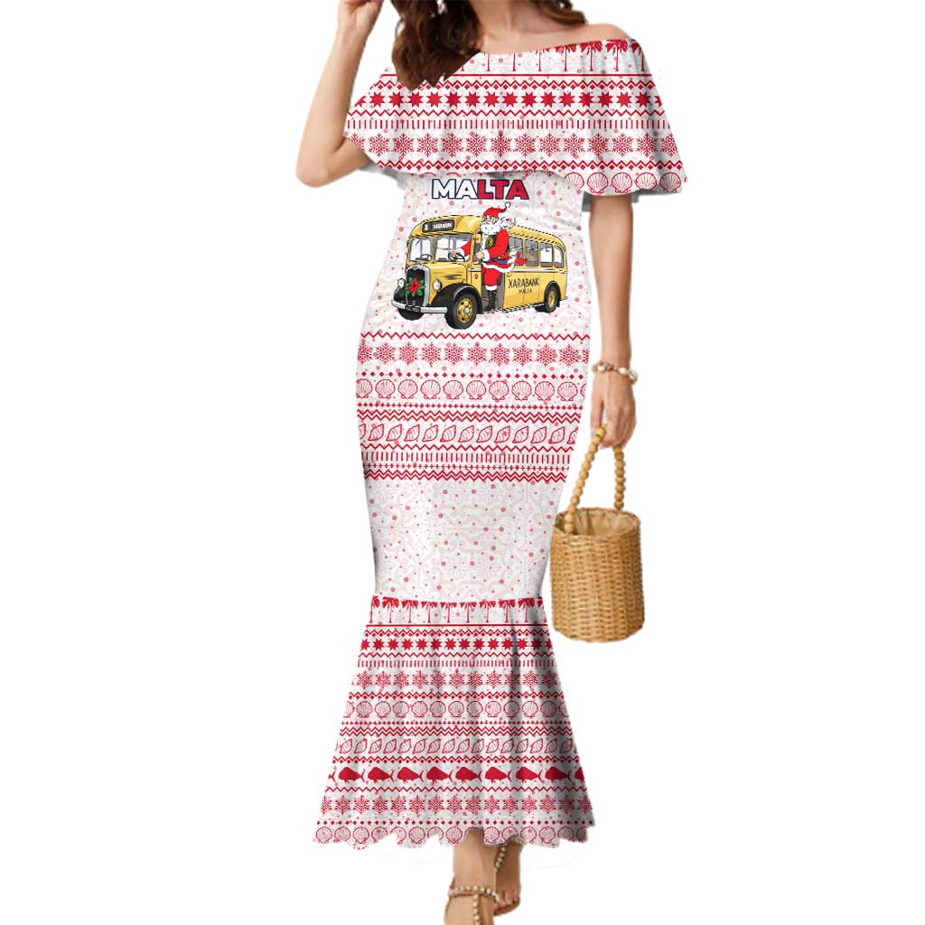 Malta Christmas Family Matching Mermaid Dress and Hawaiian Shirt with Santa Driving Vintage Bus Malta Flag and Red White Festive Pattern Design - Wonder Print Shop