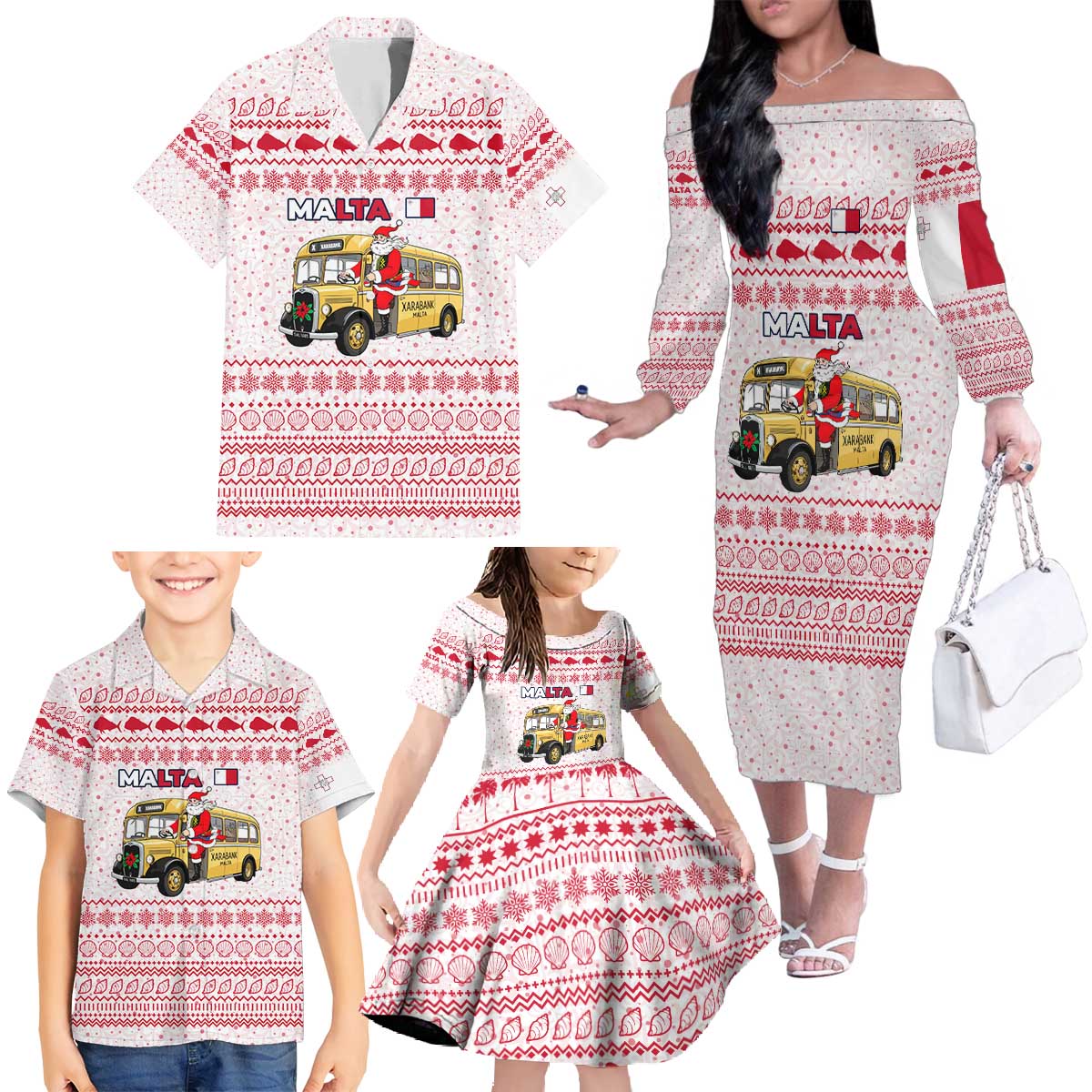 Malta Christmas Family Matching Off The Shoulder Long Sleeve Dress and Hawaiian Shirt with Santa Driving Vintage Bus Malta Flag and Red White Festive Pattern Design - Wonder Print Shop