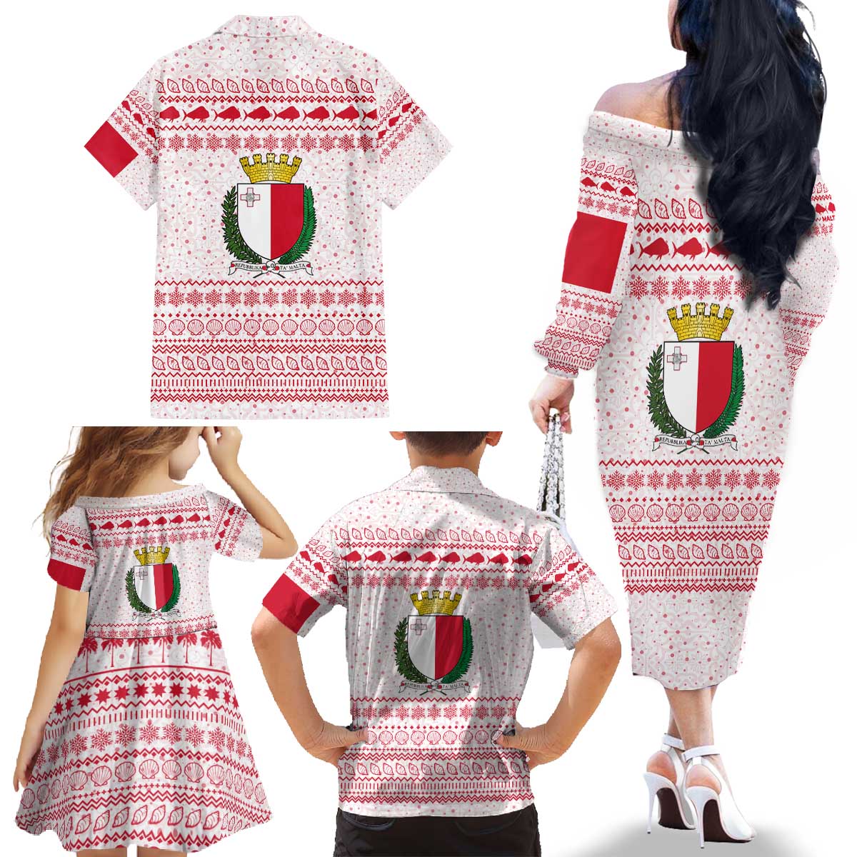 Malta Christmas Family Matching Off The Shoulder Long Sleeve Dress and Hawaiian Shirt with Santa Driving Vintage Bus Malta Flag and Red White Festive Pattern Design - Wonder Print Shop