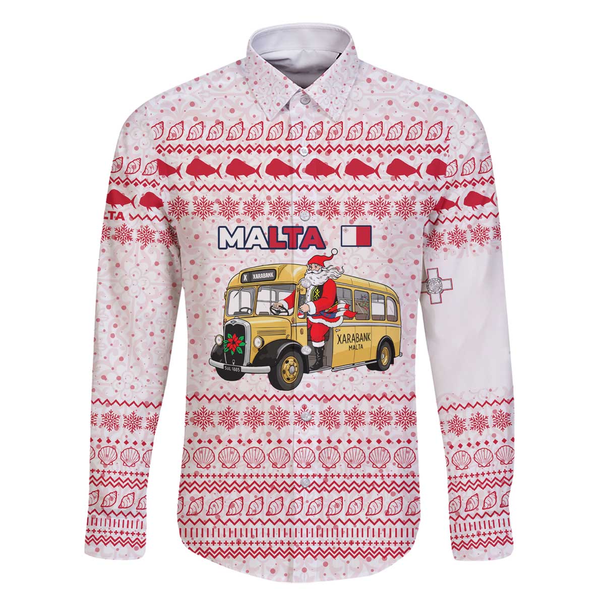Malta Christmas Family Matching Off The Shoulder Long Sleeve Dress and Hawaiian Shirt with Santa Driving Vintage Bus Malta Flag and Red White Festive Pattern Design - Wonder Print Shop