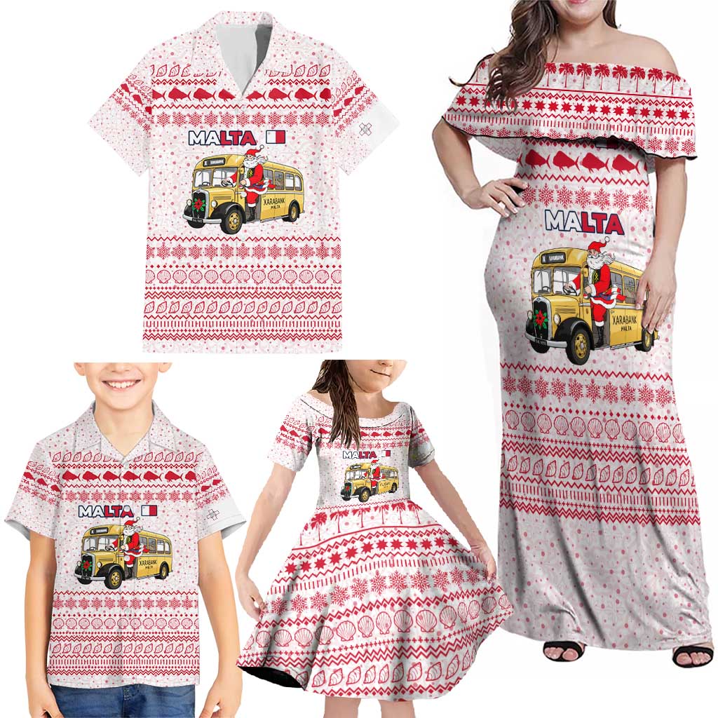 Malta Christmas Family Matching Off Shoulder Maxi Dress and Hawaiian Shirt with Santa Driving Vintage Bus Malta Flag and Red White Festive Pattern Design - Wonder Print Shop