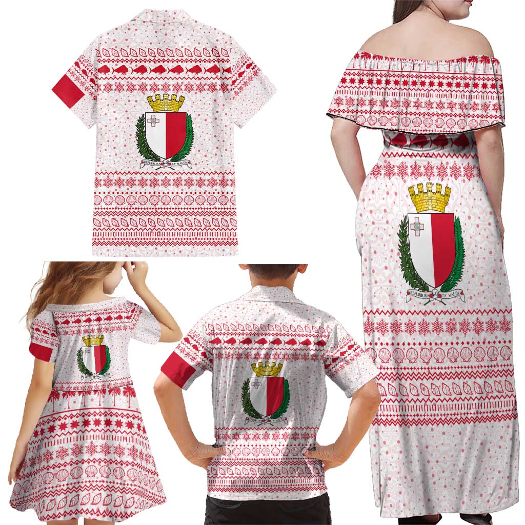 Malta Christmas Family Matching Off Shoulder Maxi Dress and Hawaiian Shirt with Santa Driving Vintage Bus Malta Flag and Red White Festive Pattern Design - Wonder Print Shop