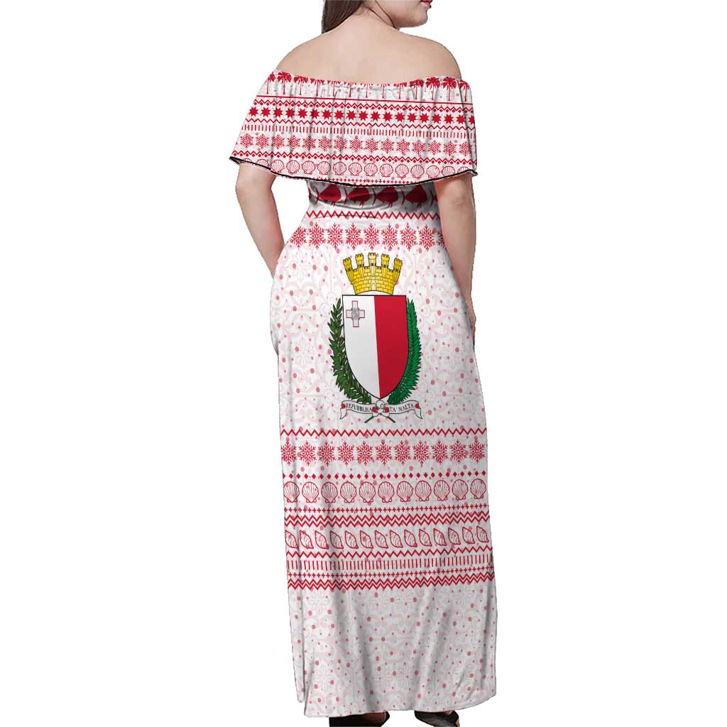 Malta Christmas Family Matching Off Shoulder Maxi Dress and Hawaiian Shirt with Santa Driving Vintage Bus Malta Flag and Red White Festive Pattern Design - Wonder Print Shop