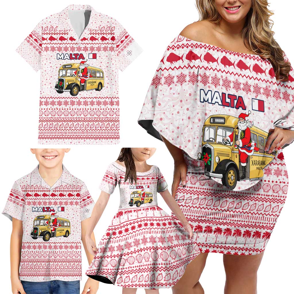 Malta Christmas Family Matching Off Shoulder Short Dress and Hawaiian Shirt with Santa Driving Vintage Bus Malta Flag and Red White Festive Pattern Design - Wonder Print Shop