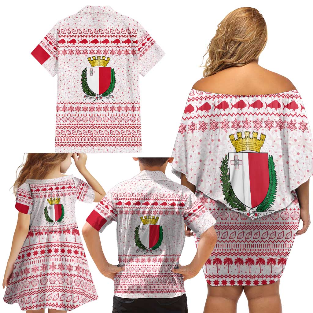 Malta Christmas Family Matching Off Shoulder Short Dress and Hawaiian Shirt with Santa Driving Vintage Bus Malta Flag and Red White Festive Pattern Design - Wonder Print Shop