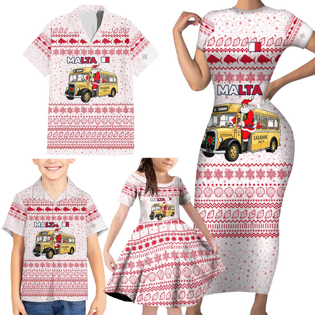 Malta Christmas Family Matching Short Sleeve Bodycon Dress and Hawaiian Shirt with Santa Driving Vintage Bus Malta Flag and Red White Festive Pattern Design - Wonder Print Shop