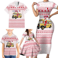 Malta Christmas Family Matching Short Sleeve Bodycon Dress and Hawaiian Shirt with Santa Driving Vintage Bus Malta Flag and Red White Festive Pattern Design - Wonder Print Shop