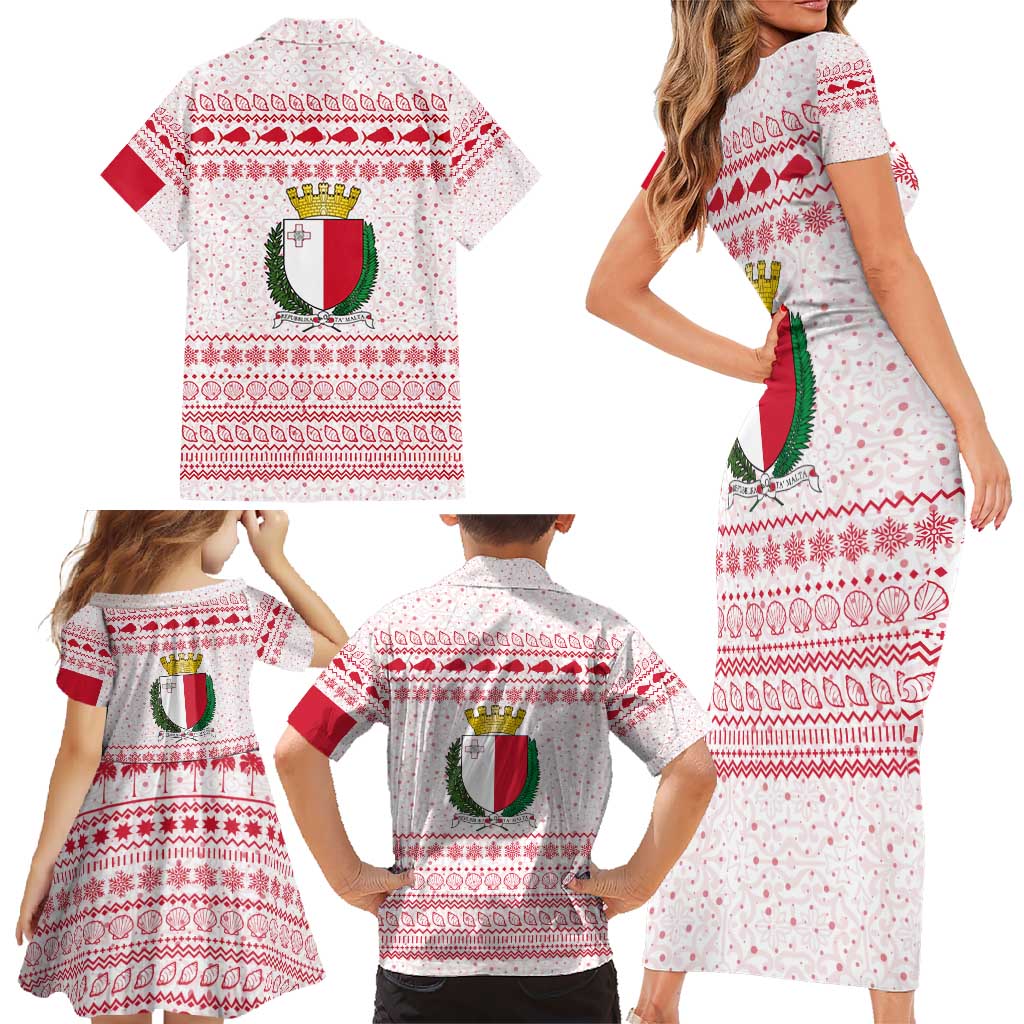 Malta Christmas Family Matching Short Sleeve Bodycon Dress and Hawaiian Shirt with Santa Driving Vintage Bus Malta Flag and Red White Festive Pattern Design - Wonder Print Shop