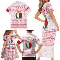 Malta Christmas Family Matching Short Sleeve Bodycon Dress and Hawaiian Shirt with Santa Driving Vintage Bus Malta Flag and Red White Festive Pattern Design - Wonder Print Shop