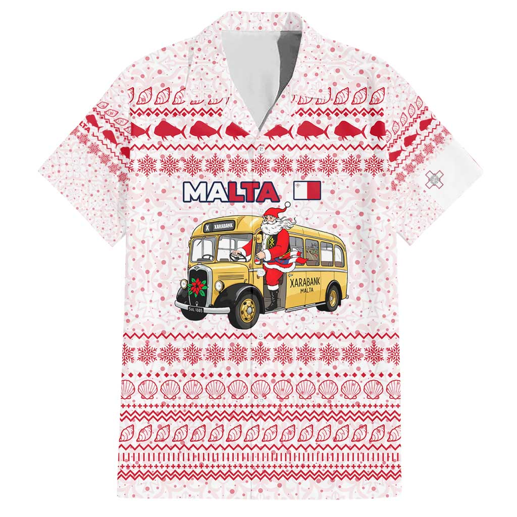 Malta Christmas Family Matching Short Sleeve Bodycon Dress and Hawaiian Shirt with Santa Driving Vintage Bus Malta Flag and Red White Festive Pattern Design - Wonder Print Shop