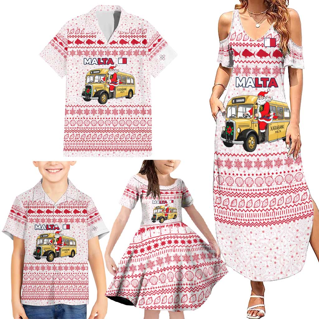 Malta Christmas Family Matching Summer Maxi Dress and Hawaiian Shirt with Santa Driving Vintage Bus Malta Flag and Red White Festive Pattern Design - Wonder Print Shop