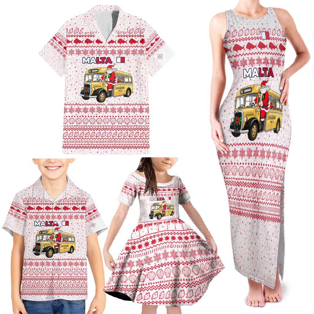 Malta Christmas Family Matching Tank Maxi Dress and Hawaiian Shirt with Santa Driving Vintage Bus Malta Flag and Red White Festive Pattern Design - Wonder Print Shop