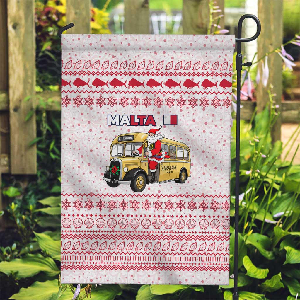 Malta Christmas Garden Flag with Santa Driving Vintage Bus Malta Flag and Red White Festive Pattern Design - Wonder Print Shop