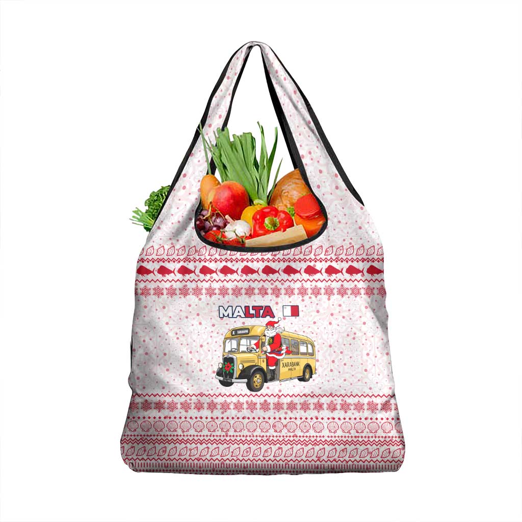 Malta Christmas Grocery Bag with Santa Driving Vintage Bus Malta Flag and Red White Festive Pattern Design - Wonder Print Shop