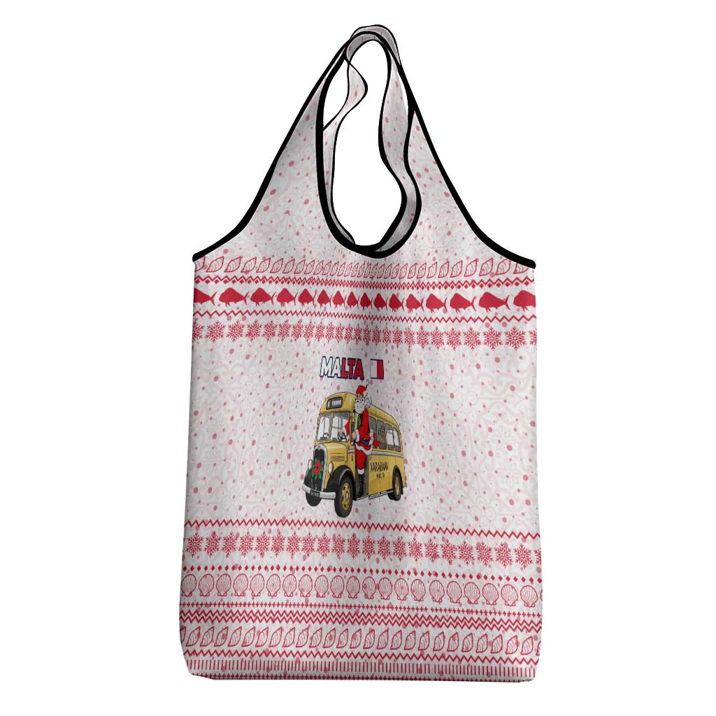 Malta Christmas Grocery Bag with Santa Driving Vintage Bus Malta Flag and Red White Festive Pattern Design - Wonder Print Shop